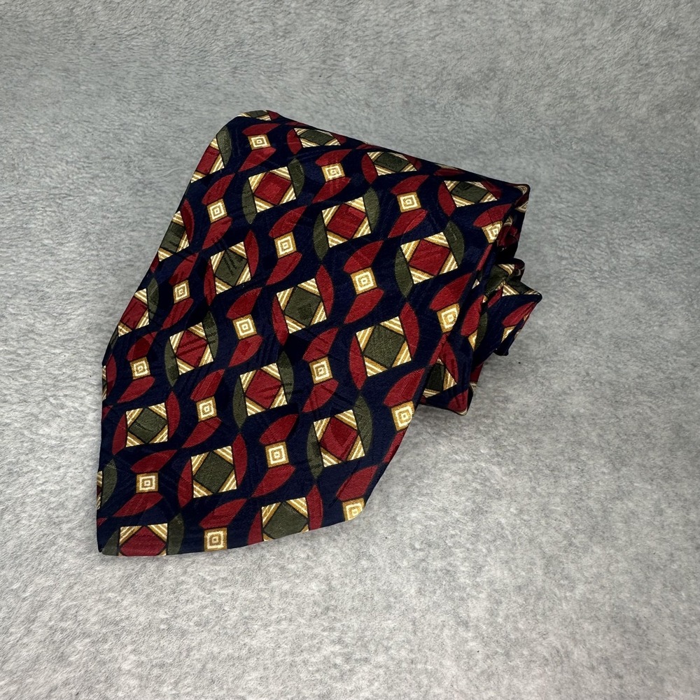 Zylos George Machado Tie Mens Navy Red Geometric Pattern‎ Italian Silk Made USA
